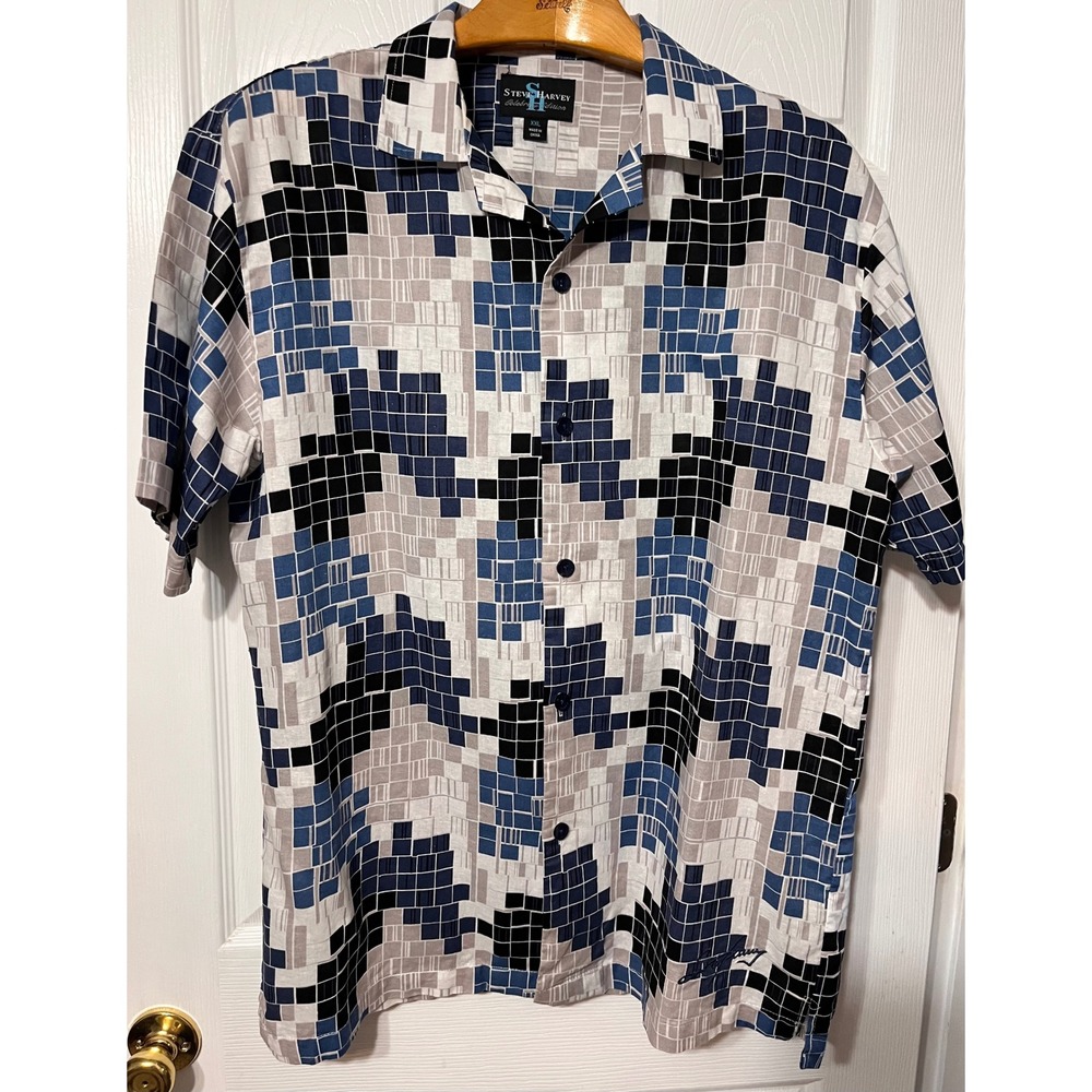 Steve Harvey Celebrity Edition XXL Blue Geometric Mosaic Linen Blend Shirt